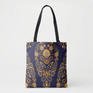 Goud en blauw, bloemig naadloos patroon. draagtas