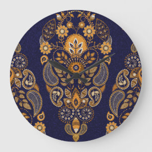 Goud en blauw, bloemig naadloos patroon. grote klok