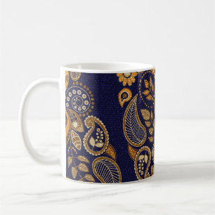 Goud en blauw, bloemig naadloos patroon. koffiemok