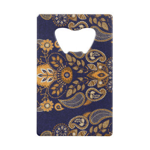 Goud en blauw, bloemig naadloos patroon. kredietkaart flessenopener