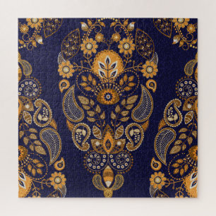 Goud en blauw, bloemig naadloos patroon. legpuzzel