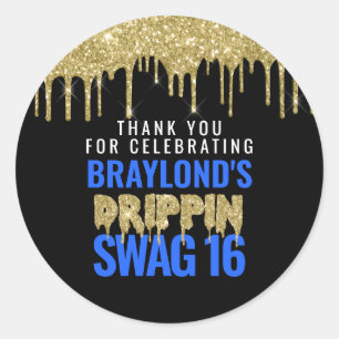 Goud en Blauw Druipende Swag 16 Verjaardag  Ronde Sticker