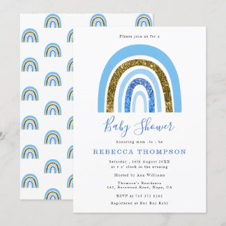 Goud en Blauw Glitter Schattige Regenboog Baby sho Kaart