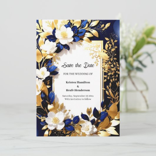 Goud en blauw huwelijk save the date (Staand voorkant)