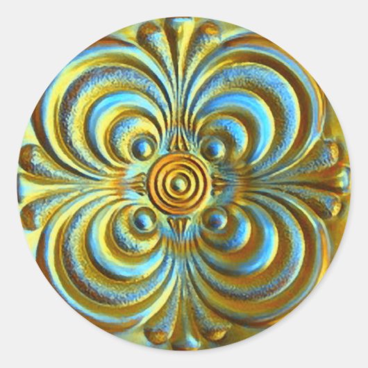 Goud en blauw in reliëf ronde sticker (Voorkant)