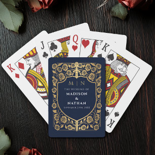 Goud en Blauw Koninklijk Zwaard Schild Wedding Fav Pokerkaarten