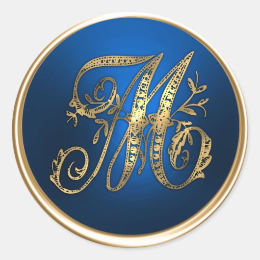 Goud en blauw monogram M Envelope Seal Ronde Sticker (Voorkant)