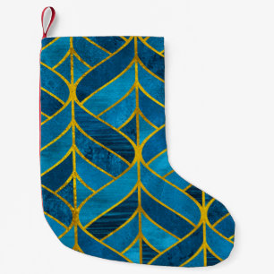 Goud en blauw patroon op grijze achtergrond, naadl kleine kerstsok