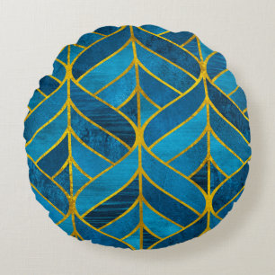 Goud en blauw patroon op grijze achtergrond, naadl rond kussen