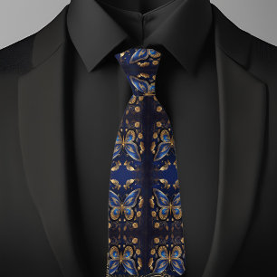 Goud en Blauw Vlinderpatroon Stropdas