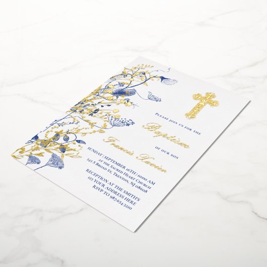 goud en blauwe bloemen Doop Folie Uitnodiging (Gedraaid)