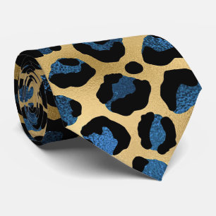 Goud en blauwe luipaardprint stropdas