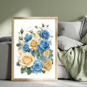 Goud en Blauwe Rozen Romantische Waterverf Poster