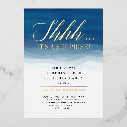 Goud en blauwe Waterverf Vertrouwelijke dag Folie Uitnodiging (Voorkant)