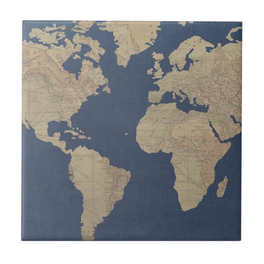 Goud en blauwe Wereldkaart Tegeltje (Voorkant)