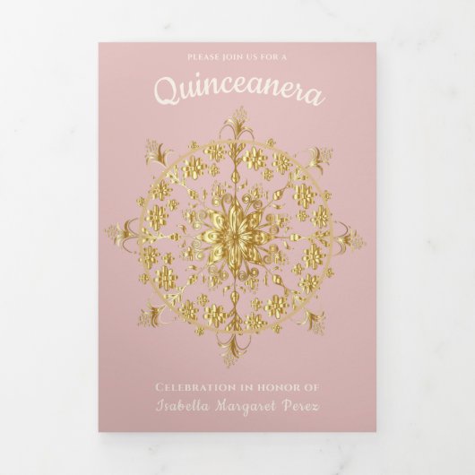 Goud en bloemen Quinceanera Drieluik Uitnodiging (Cover)