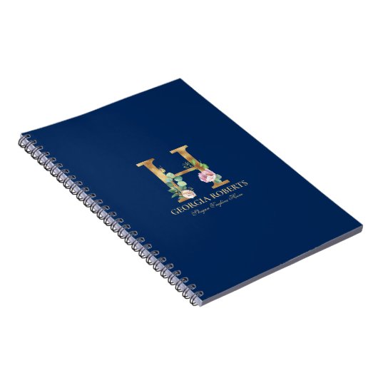 Goud en bloemetjesmonogram op blauw 3 Ring B Notitieboek (Rechterzijde)