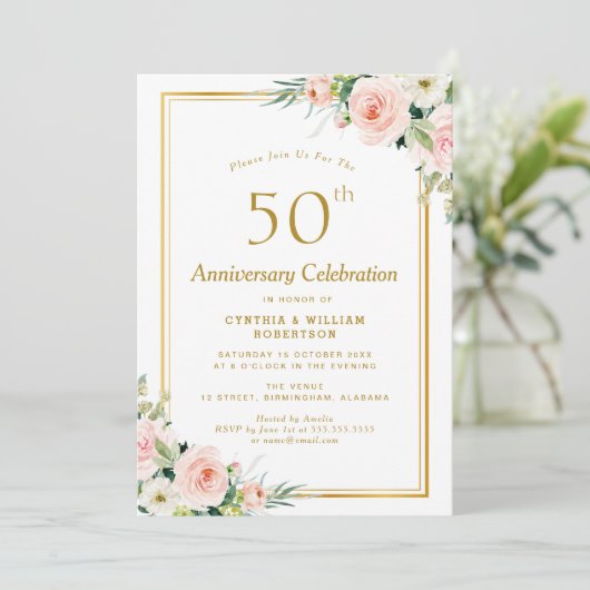 goud en blos 50ste huwelijksverjaardag kaart (Staand voorkant)
