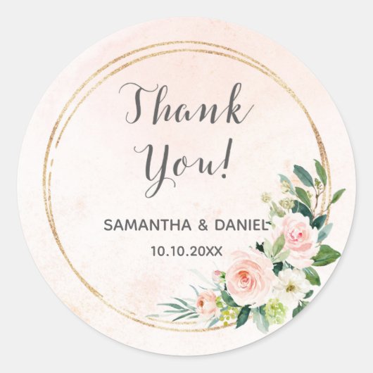 Goud en Blush Roze Bloemen Waterverf Dank u Ronde Sticker (Voorkant)