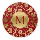 Goud en bordeaux  damasks Monogram Keramische Knop (Voorkant)