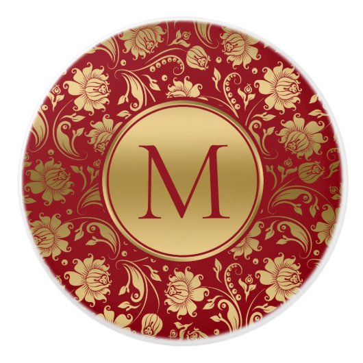 Goud en bordeaux  damasks Monogram Keramische Knop (Voorkant)