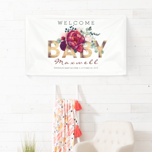 Goud en Bourgogne Bloemen Baby shower Spandoek (Insitu)