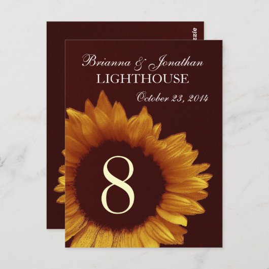 Goud en Chocolade Zonnebloem Trouwtafel Nummer Briefkaart (Voorkant / Achterkant)