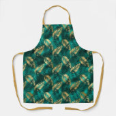 Goud en donker blauwgroen blad op blauwgroen patro schort (Voorkant)