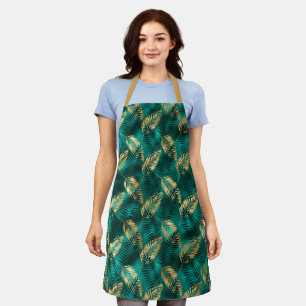 Goud en donker blauwgroen blad op blauwgroen patro schort