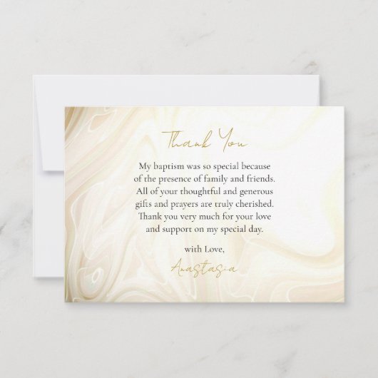 Goud en Donker Tan Faux Marble Wervelt Doop Bedankkaart (Voorkant)