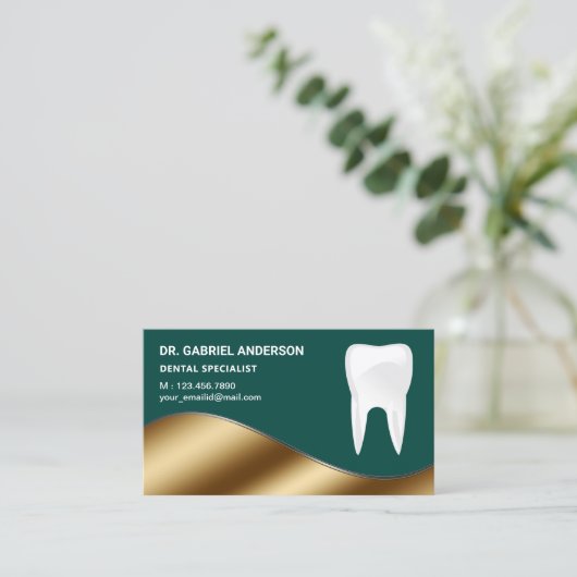 Goud en donkergroene tand tandheelkundige kliniek  visitekaartje (Staand voorkant)
