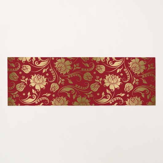 Goud en Donkerrood Bloemen Damast Patroon Yogamat (Achterkant (horizontaal))