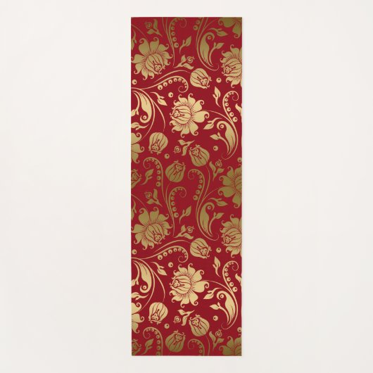 Goud en Donkerrood Bloemen Damast Patroon Yogamat (Voorkant)
