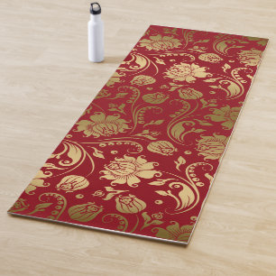 Goud en Donkerrood Bloemen Damast Patroon Yogamat