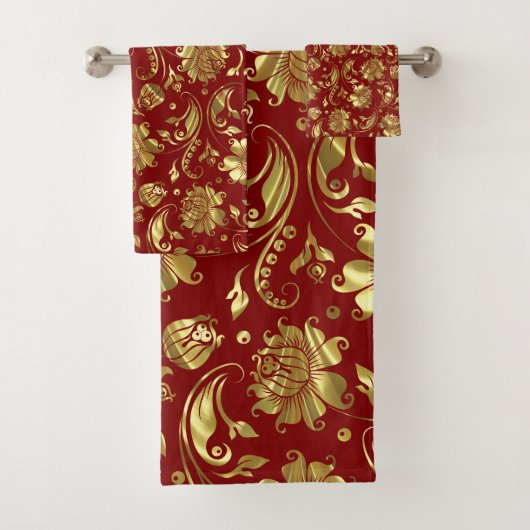 Goud en donkerrood lichtdamaspatroon bad handdoek (Insitu)