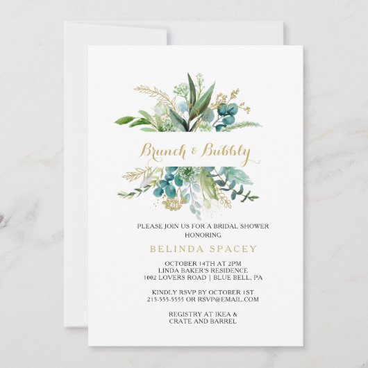 Goud en Eucalyptus Brunch & Bubbly Vrijgezellenfee Kaart (Voorkant)