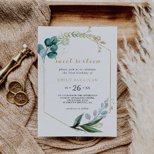 Goud en Eucalyptus Sweet Zestien Verjaardagsfeest Kaart