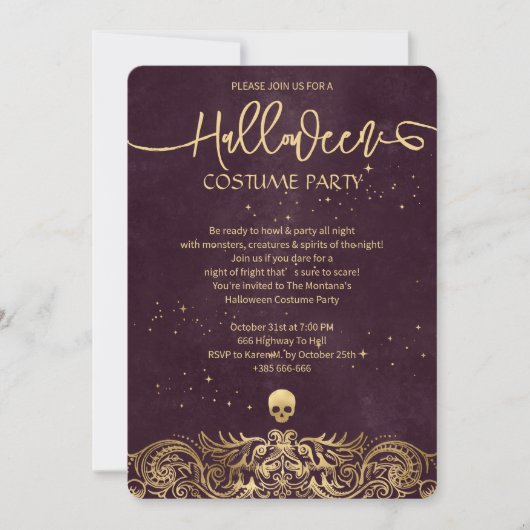 Goud en fluweel rood Fancy Halloween Party Kaart (Voorkant)