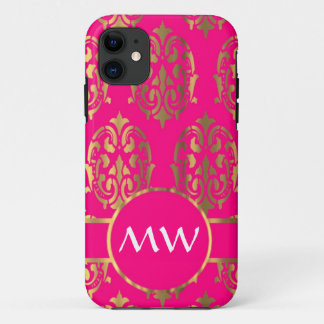 Goud en fuchsia roze damast patroon iPhone 11 hoesje