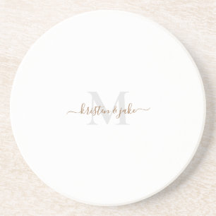 Goud en grijs monogram en Script Names Round Zandsteen Onderzetter