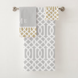 Goud en grijs Trellis Monogram | bewerkbare kleure Bad Handdoek