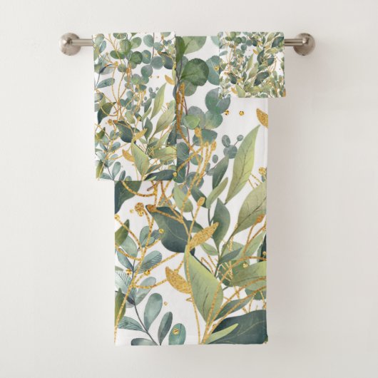 Goud en groen botanische eucalyptusbladeren bad handdoek (Insitu)