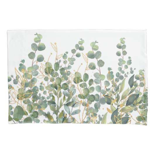 Goud en groen botanische eucalyptusbladeren kussensloop (Voorkant-Links)