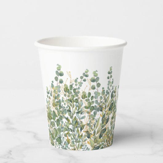 Goud en groen botanische eucalyptusbladeren papieren bekers (Voorkant)