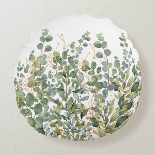 Goud en groen botanische eucalyptusbladeren rond kussen (Voorkant)