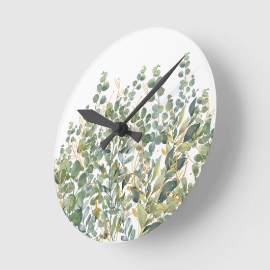 Goud en groen botanische eucalyptusbladeren ronde klok (Hoek)