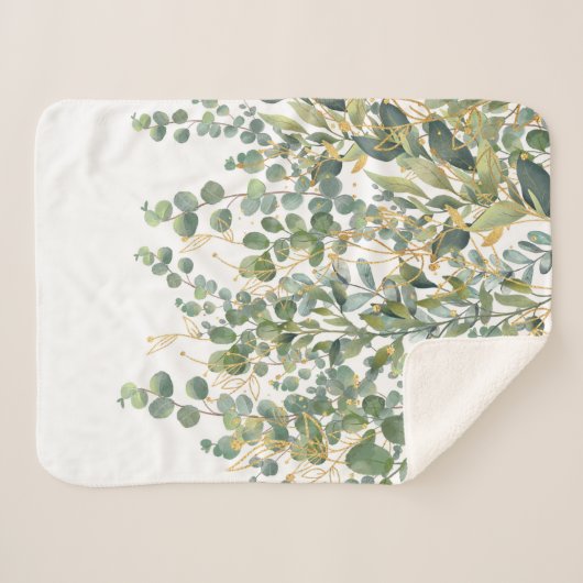Goud en groen botanische eucalyptusbladeren sherpa deken (Voorkant (horizontaal))