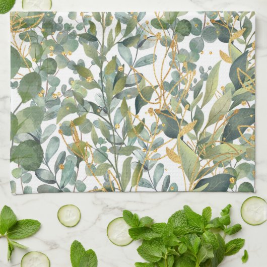 Goud en groen botanische eucalyptusbladeren theedoek (Gevouwen)