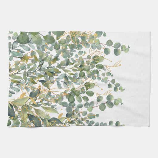 Goud en groen botanische eucalyptusbladeren theedoek (Horizontaal)