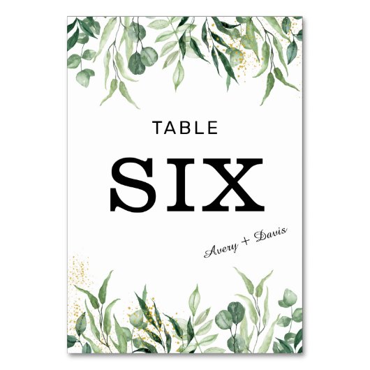 Goud en groen bruiloft voor tafelnummer Kaart. (Voorkant)